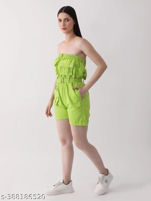 Denim Solid Jumpsuit for Women (Green, S)