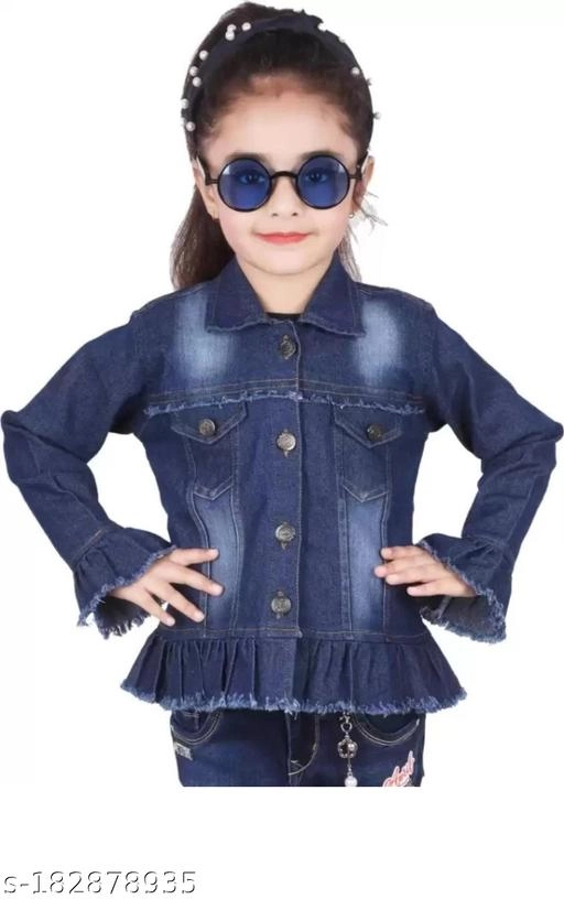 Denim Solid Jacket for Girls (Navy Blue, 3-4 Years)