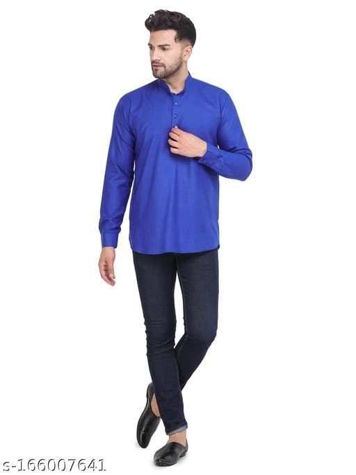 Cotton Blend Solid Short Kurta for Men (Royal Blue, S)