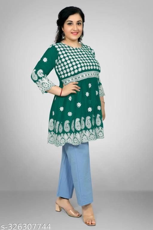 Georgette Chikankari Top for Women (Bottle Green, XL)