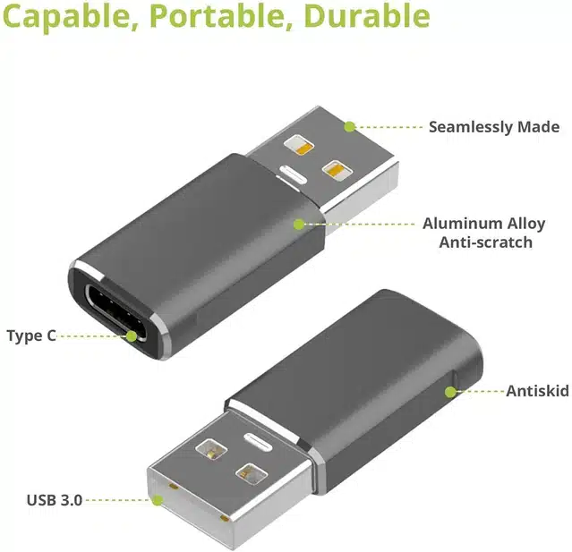 Type C & Micro OTG Male to USB A 3.0 Female Data Transfer & USB-C Female to USB-A Male Adapter (Set of 2) (Black & Silver)