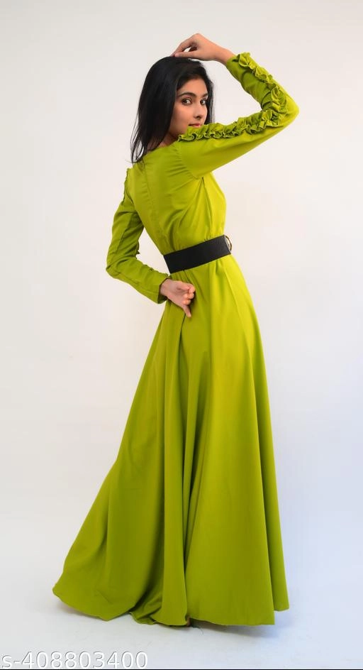 Crepe Solid Gown for Women (Olive, XS)