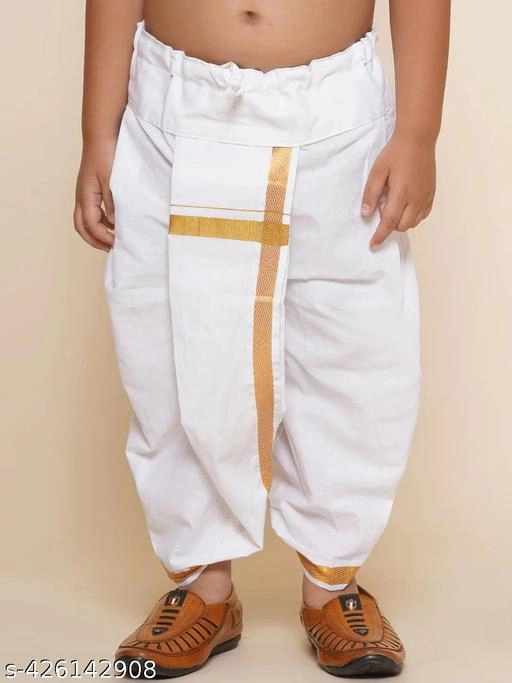 Cotton Blend Striped Dhoti for Boys (2-3 Years, White)