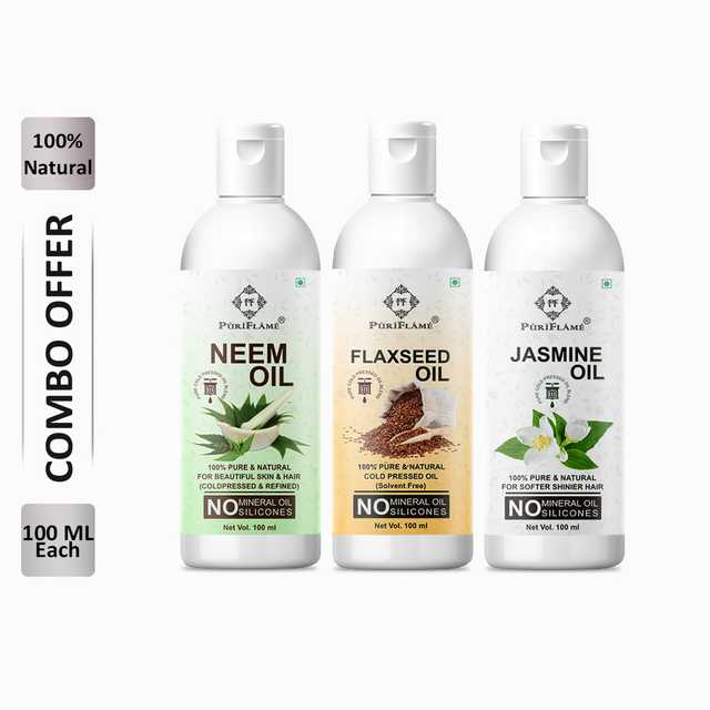 PuriFlame Pure Neem Oil (100 ml) & Flaxseed Oil (100 ml) & Jasmine Oil (100 ml) Combo For Rapid Hair Growth (Pack Of 3) (B-5822)