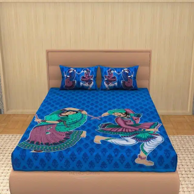 Rajasthani Traditional Cotton Bedsheet With 2 Pillow Covers (Light Blue, 186 X 94 Inch) (Mc-101)