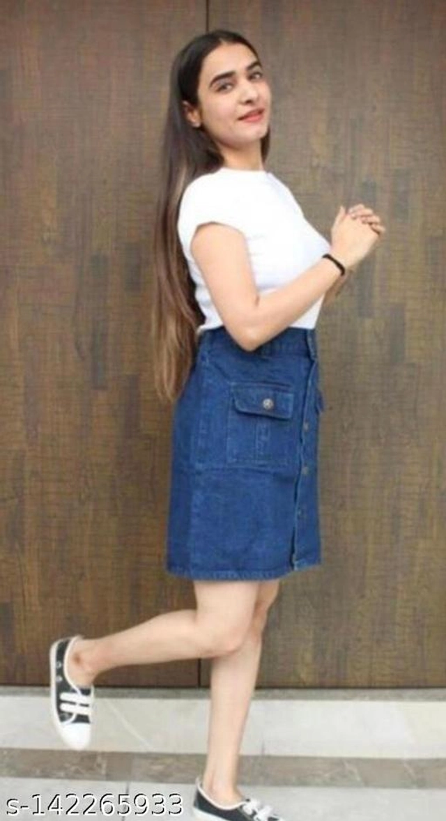 Denim Solid Skirt for Women (Blue, 28)