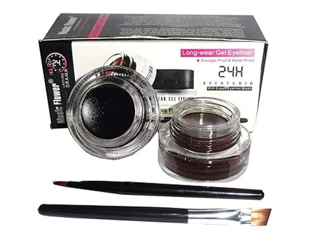 Music Flower 2-in-1 Waterproof Matte Gel Eyeliners with Brushes (Black & Brown, Set of 1)