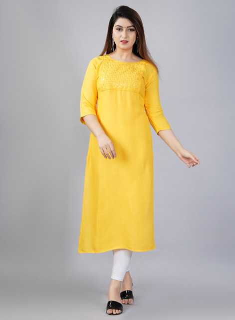 Women Trendy Rayon Embroidred Sequins Worked Kurti (Yellow, XL) (Z-8)