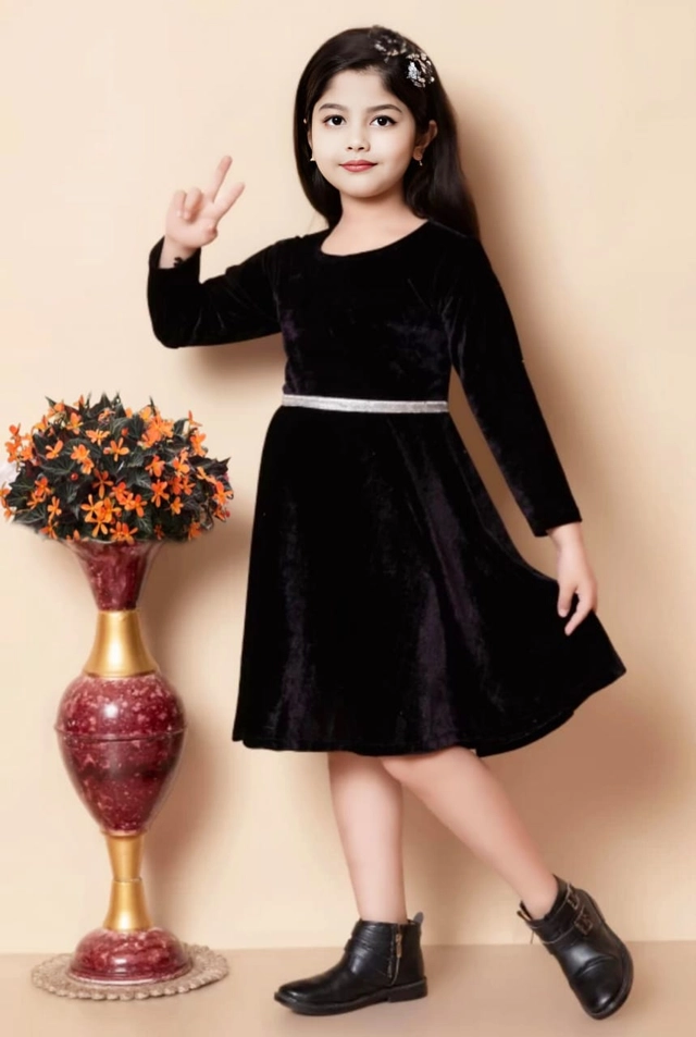 Velvet Solid Dress for Girls (Black, 0-3 Months)