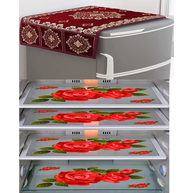 PVC Waterproof Fridge Top Cover with 4 Pcs Shelf Mats (Multicolor, Set of 1)