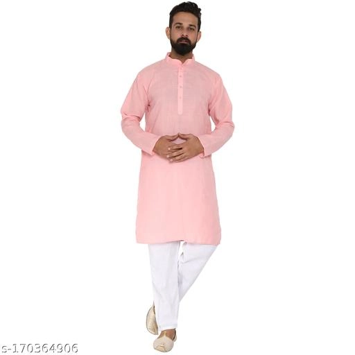 Cotton Blend Solid Kurta with Pyjama for Men (Pink & White, S)