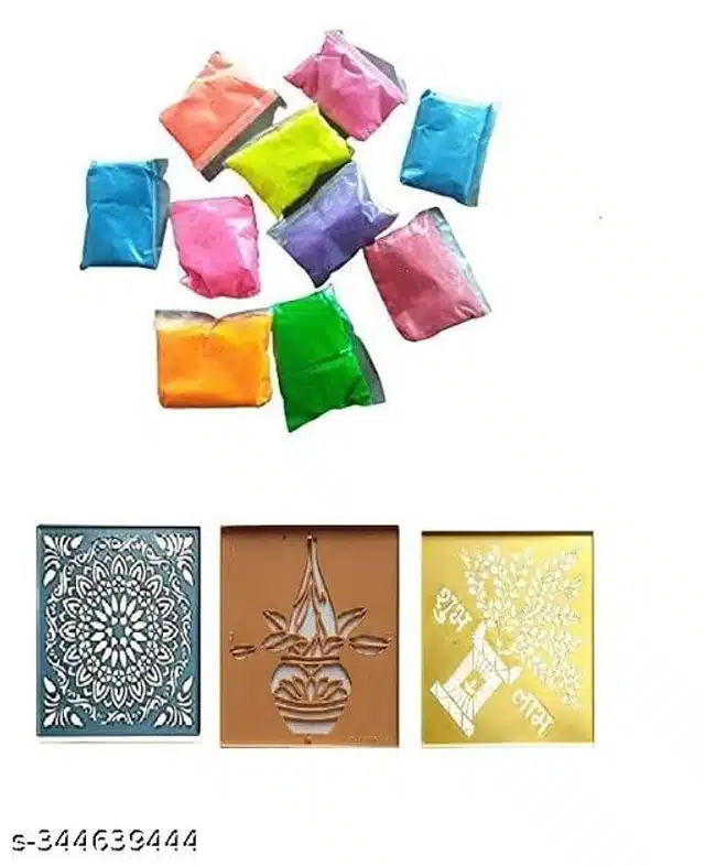 Rangoli Colors Pouch (10 Pcs) with 3 Pcs Design Tray (Multicolor, Set of 2)