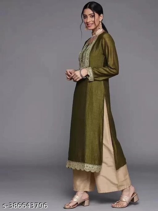 Silk Embroidered Kurti for Women (Olive, XS)