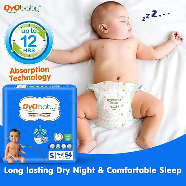 Oyo Baby Diaper Premium Pants, Small Size Baby Diapers Pants, Anti Rash Diapers, Lotion With Aloe Vera |12 Hours Protection (54 Units - Pack Of 2, Small)