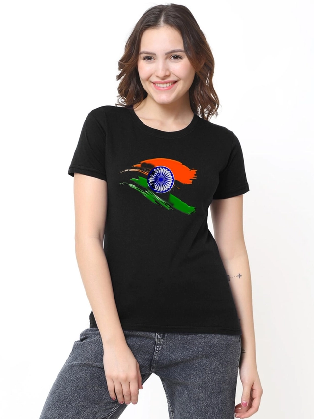 Cotton Round Neck Independence Day Printed T-Shirt for Women  (Black, S )