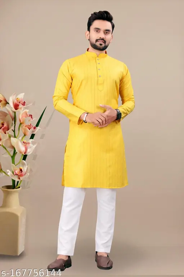 Cotton Blend Striped Kurta with Pyjama for Men (Yellow & White, S)