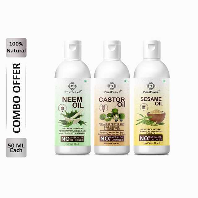 Puriflame Pure Neem Oil (50 ml), Castor Oil (50 ml) & Sesame Oil (50 ml) Combo for Rapid Hair Growth (Pack Of 3) (B-12060)