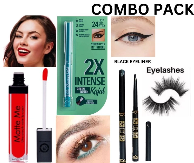 Combo of Matte Me Lip Gloss with Waterproof Kajal, Eyeliner & Eyelashes (Multicolor, Set of 4)