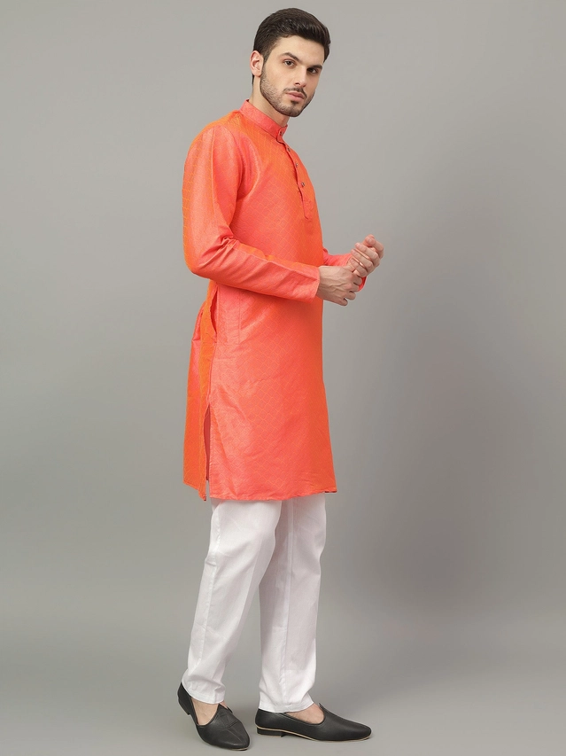 Jacquard Solid Kurta with Pant for Men (Orange, S)