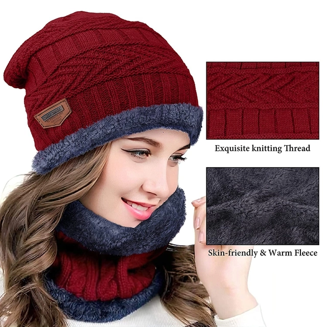 Woolen Cap with Neck Warmer for Women (Red)