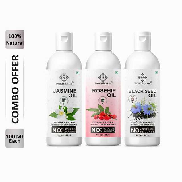 PuriFlame Pure Jasmine Oil (100 ml) & Rosehip Oil (100 ml) & Blackseed Oil (100 ml) Combo For Rapid Hair Growth (Pack Of 3) (B-4937)