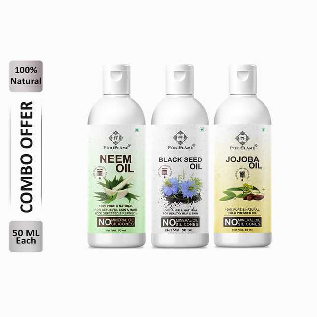 Puriflame Pure Neem Oil (50 ml), Black Seed Oil (50 ml) & Jojoba Oil (50 ml) Combo for Rapid Hair Growth (Pack of 3) (B-12037)