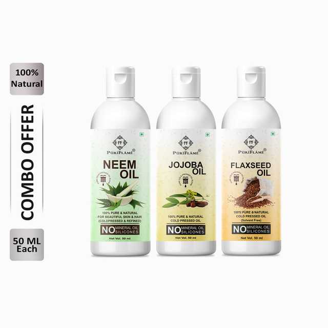 Puriflame Pure Neem Oil (50 ml), Jojoba Oil (50 ml) & Flaxseed Oil (50 ml) Combo for Rapid Hair Growth (Pack Of 3) (B-12137)
