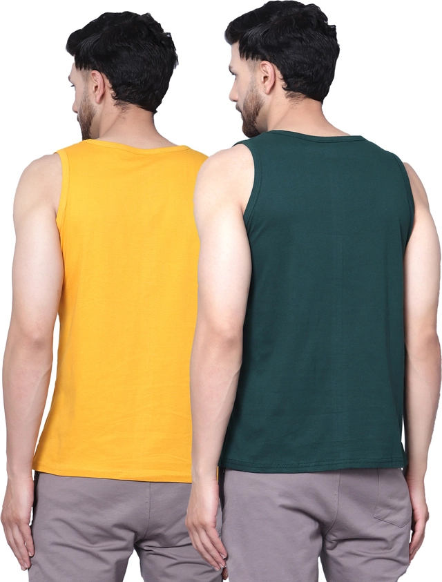 Cotton Blend Printed Vest for Men (Bottle Green & Yellow, M) (Pack of 2)