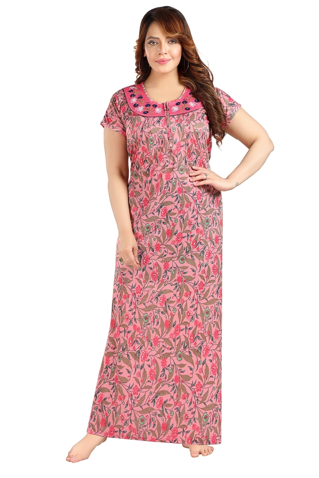 Hosiery Printed Nightdress for Women (Pink, M)