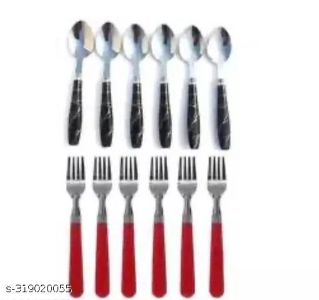 Stainless Steel Spoons (6 Pcs) with 6 Pcs Forks (Multicolor, Set of 2)