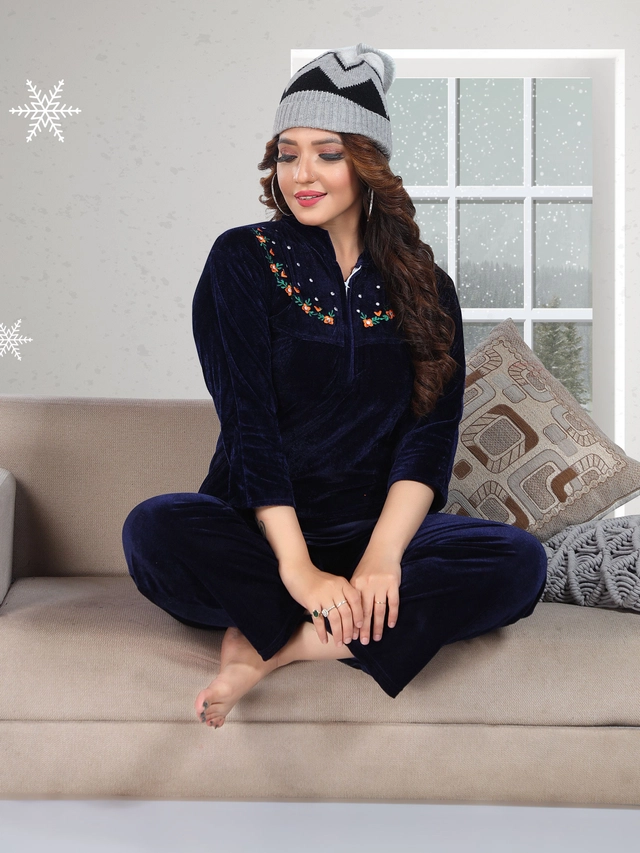 Velvet Solid Nightsuit for Women (Navy Blue, M)