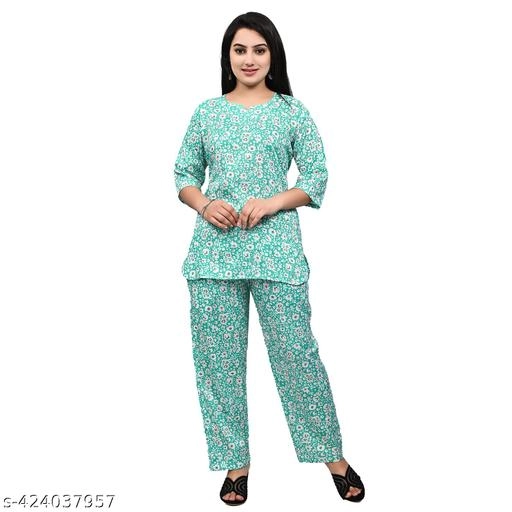 Rayon Printed Nightsuit for Women (Mint Green, S)