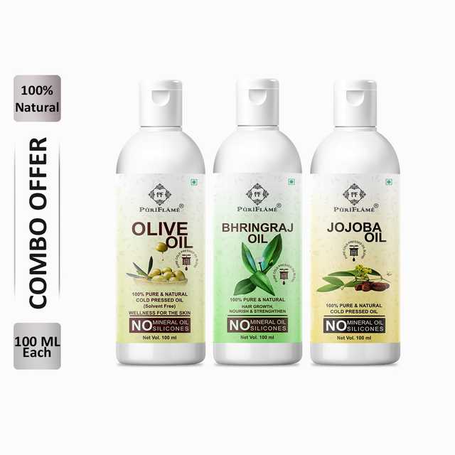 PuriFlame Pure Olive Oil (100 ml) & Bhringraj Oil (100 ml) & Jojoba Oil (100 ml) Combo For Rapid Hair Growth (Pack Of 3) (B-6093)