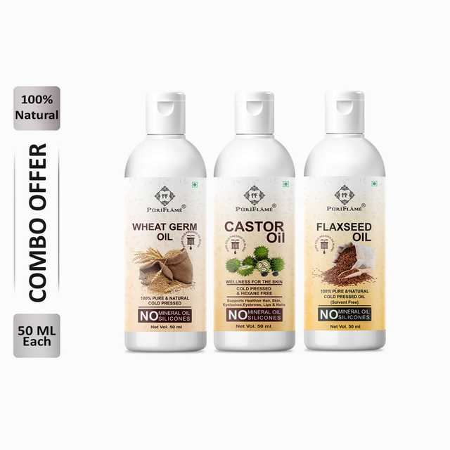 Puriflame Pure Wheat Germ Oil (50 ml), Castor Oil (50 ml) & Flaxseed Oil (50 ml) Combo for Rapid Hair Growth (Pack Of 3) (B-14193)