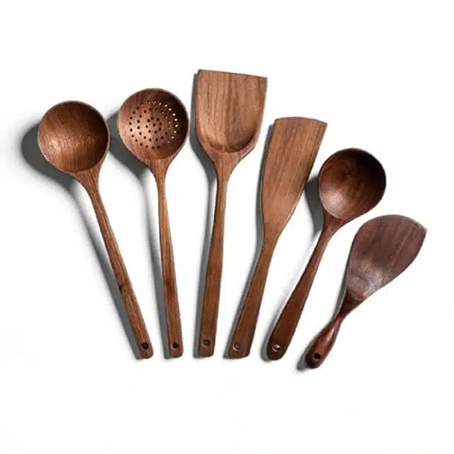 Wooden Cooking & Serving Spoons (Brown, Set of 6)