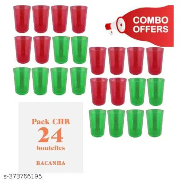 Plastic Water Glasses (Green & Red, 300 ml) (Pack of 24)