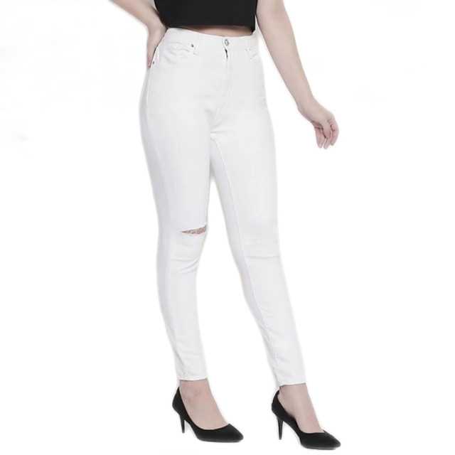 Lezendary Apparels Denim Lycra Knee Cut Jeans for Women (white, 32) (VE-5)
