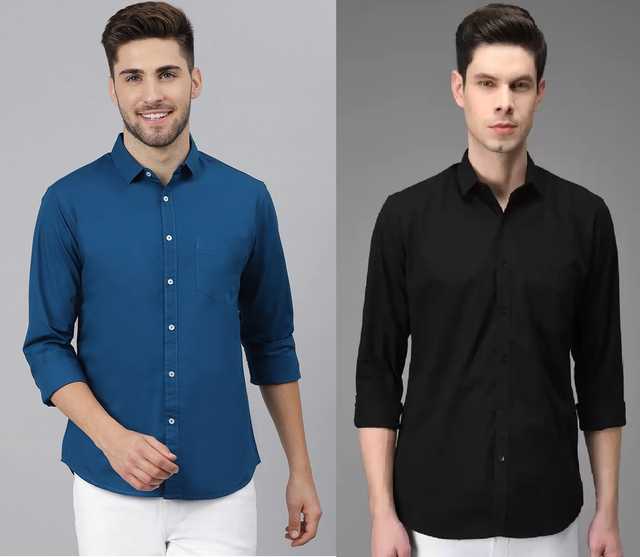 Casual Solid Shirt for Men (Pack of2) (Blue & Black, L) (AE-15)