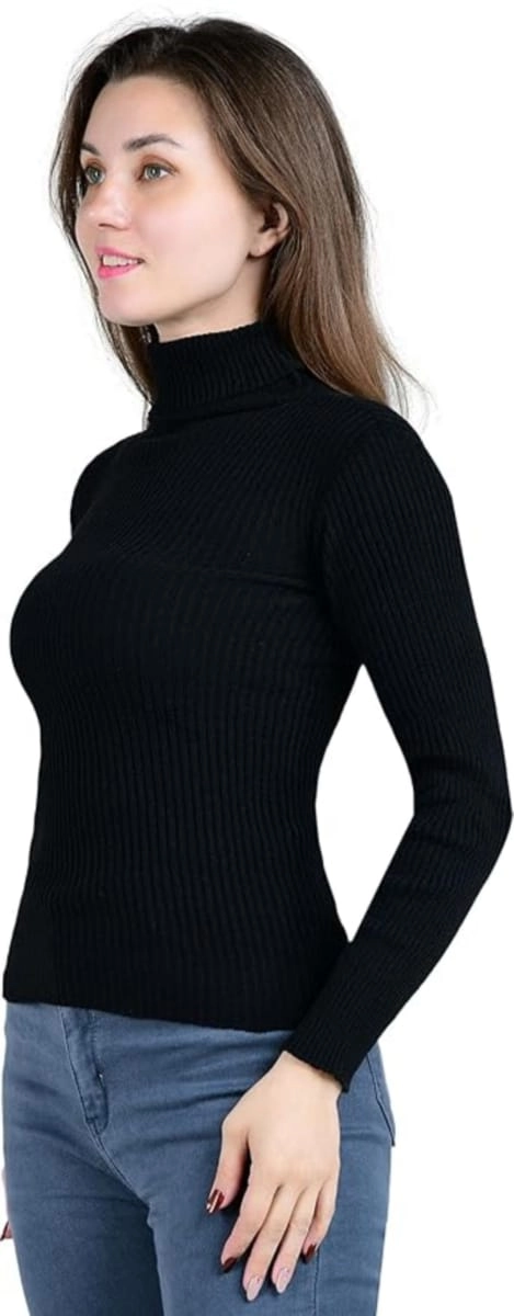 Cotton High Neck Solid Top for Women (Black, S)