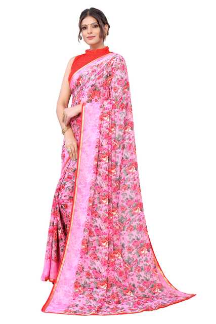 Women Georgette Printed Saree With Unstitched Blouse (Pink) (SD-3)