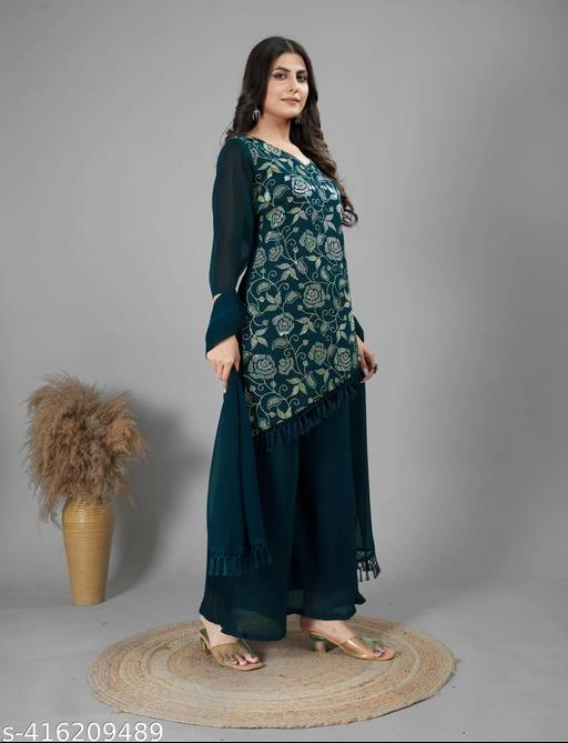 Georgette Embroidered Kurti with Sharara & Dupatta for Women (Teal, S)