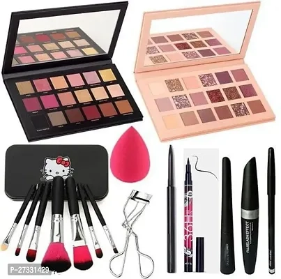 Combo of 2 Pcs Eyeshadow Palettes, 7 Pcs Makeup Brushes, Blender, Kajal, 36H Waterproof Eyeliner, Eyelash Curler & 3-in-1 Mascara-Kajal-Eyeliner (Multicolor, Set of 7)