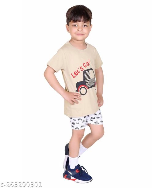 Cotton Printed Clothing Set for Boys (Beige, 6-9 Months)