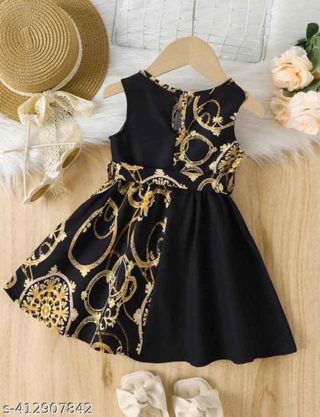 Cotton Printed Frock for Girls (Black & Gold, 0-3 Months)