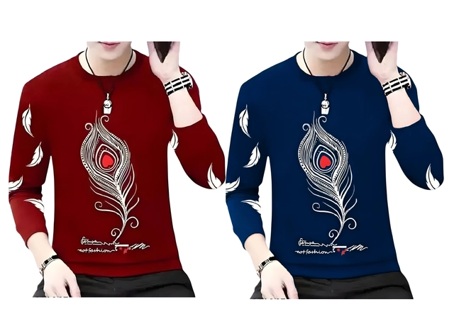 Round Neck Printed T-Shirts for Men (Navy Blue & Maroon, S) (Pack of 2)