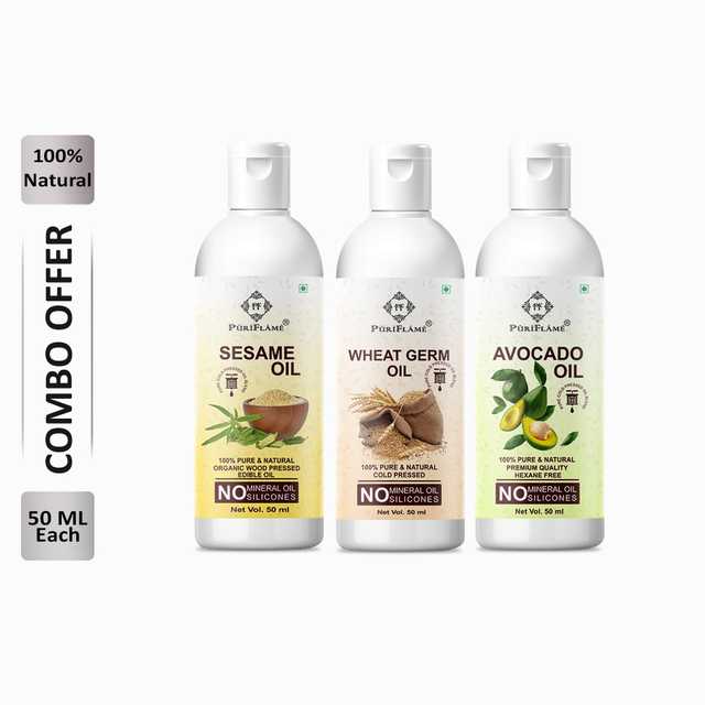 Puriflame Pure Sesame Oil (50 ml), Wheat Germ Oil (50 ml) & Avocado Oil (50 ml) Combo for Rapid Hair Growth (Pack of 3) (B-13798)