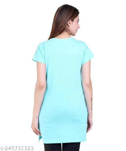 Round Neck Printed Long T-Shirt for Women (Aqua Blue, M)