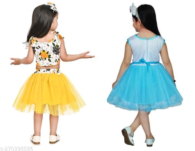 Net Frock for Girls (Yellow & Sky Blue, 12-18 Months) (Pack of 2)