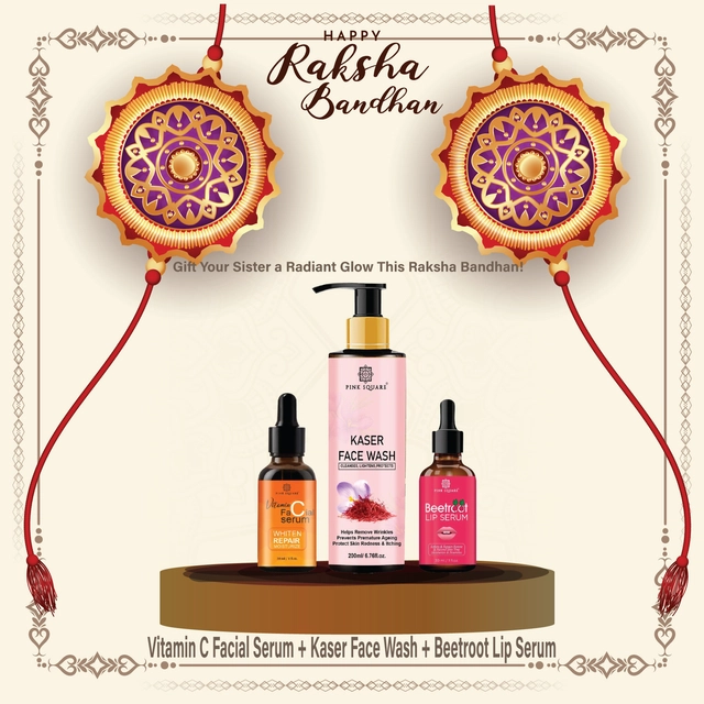 Combo of Pink Square Vitamin C Facial Serum (30 ml) with Kesar Facewash (200 ml) & Beetroot Lip Serum (30 ml) (Set of 3)