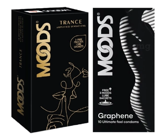 Combo of Moods 10 Pcs Graphene & 10 Pcs Trance Amplified Sensations Condoms with 3 Pcs Free Lube Sachets (Set of 2)